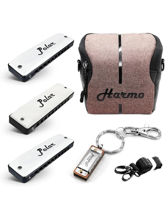 Harmo Polar pro pack set of 3 harmonica with gig bag and keychain harmonica