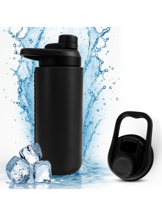 Oliriss 18oz European Design Genuine Leather Water Bottle - Stainless Steel (Black)