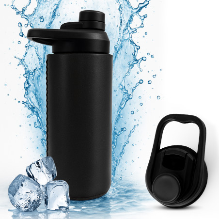 Oliriss 18oz European Design Genuine Leather Water Bottle - Stainless Steel (Black)