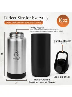 Oliriss 18oz European Design Genuine Leather Water Bottle - Stainless Steel (Black)