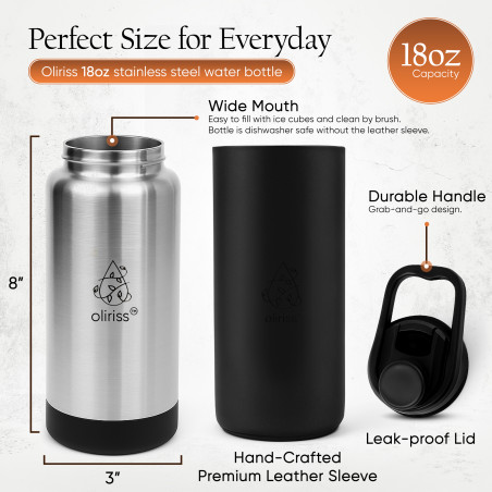 Oliriss 18oz European Design Genuine Leather Water Bottle - Stainless Steel (Black)
