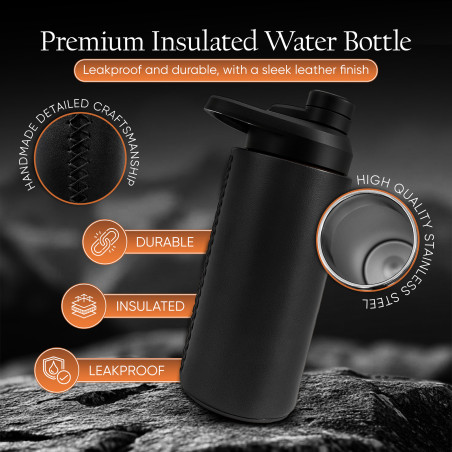 Oliriss 18oz European Design Genuine Leather Water Bottle - Stainless Steel (Black)