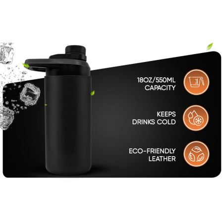 Oliriss 18oz European Design Genuine Leather Water Bottle - Stainless Steel (Black)