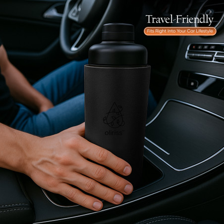 Oliriss 18oz European Design Genuine Leather Water Bottle - Stainless Steel (Black)