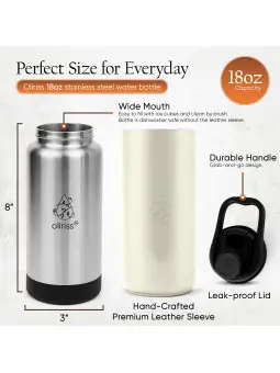 Oliriss 18oz European Design Genuine Leather Water Bottle - Stainless Steel (White)