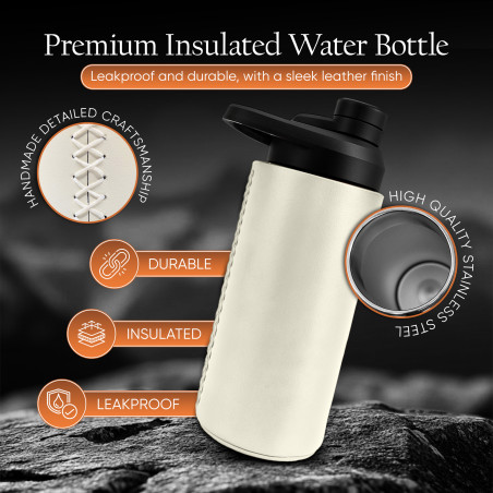 Oliriss 18oz European Design Genuine Leather Water Bottle - Stainless Steel (White)