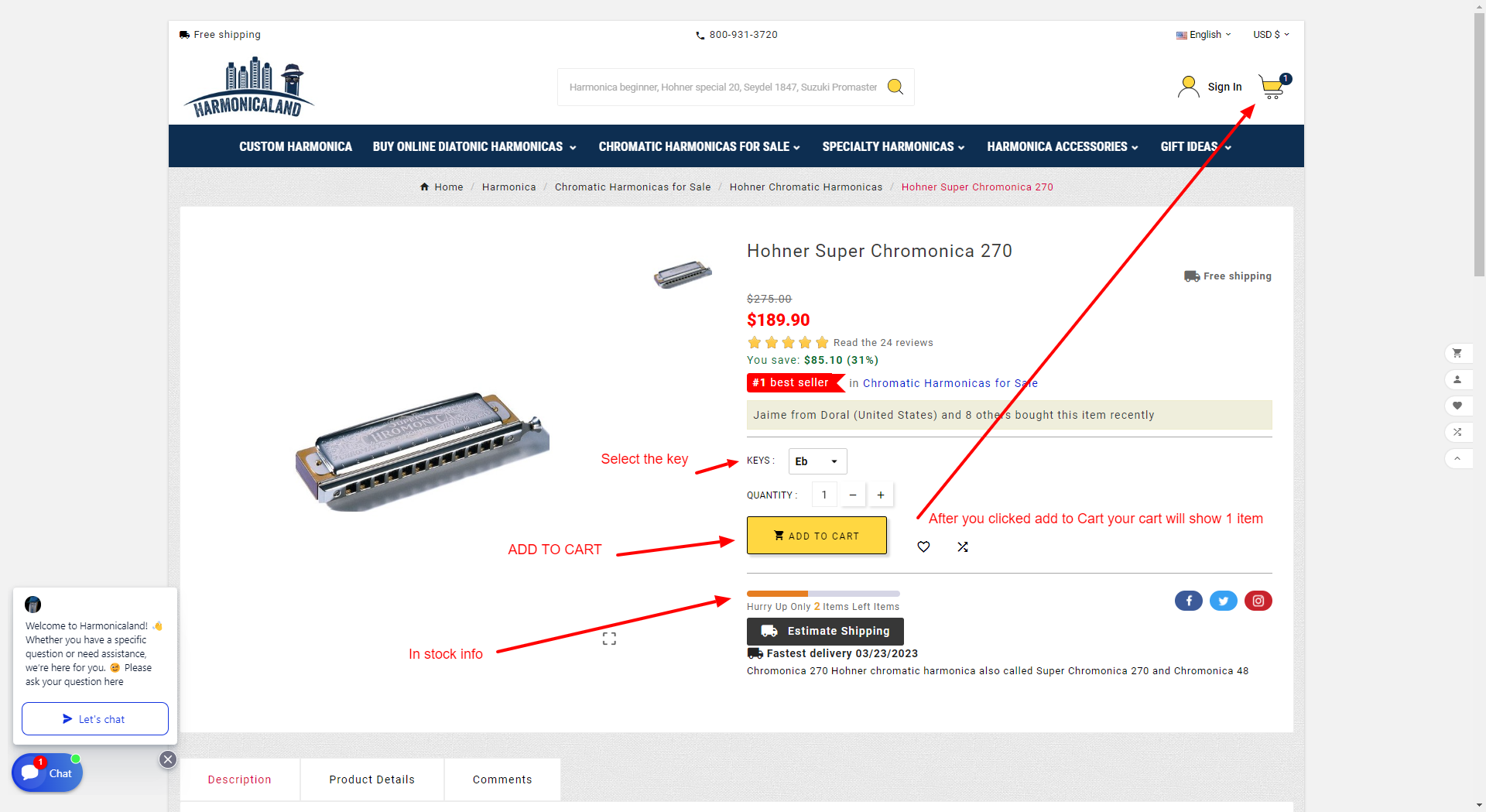 add harmonicas to the cart to place an order